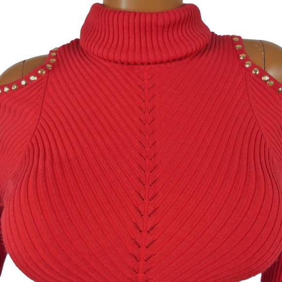 XOXO Red Sweater XL Cold Shoulder Gold Studs Stretch Ribbed Knit Casual Party - Picture 7 of 10